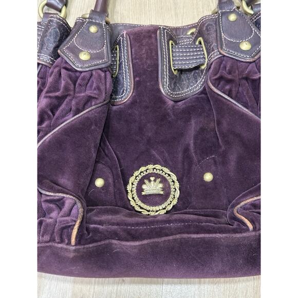 Vintage Y2K Juicy Couture Dark Purple / Maroon Velour Hobo Bag Metal Medallion - Picture 2 of 11